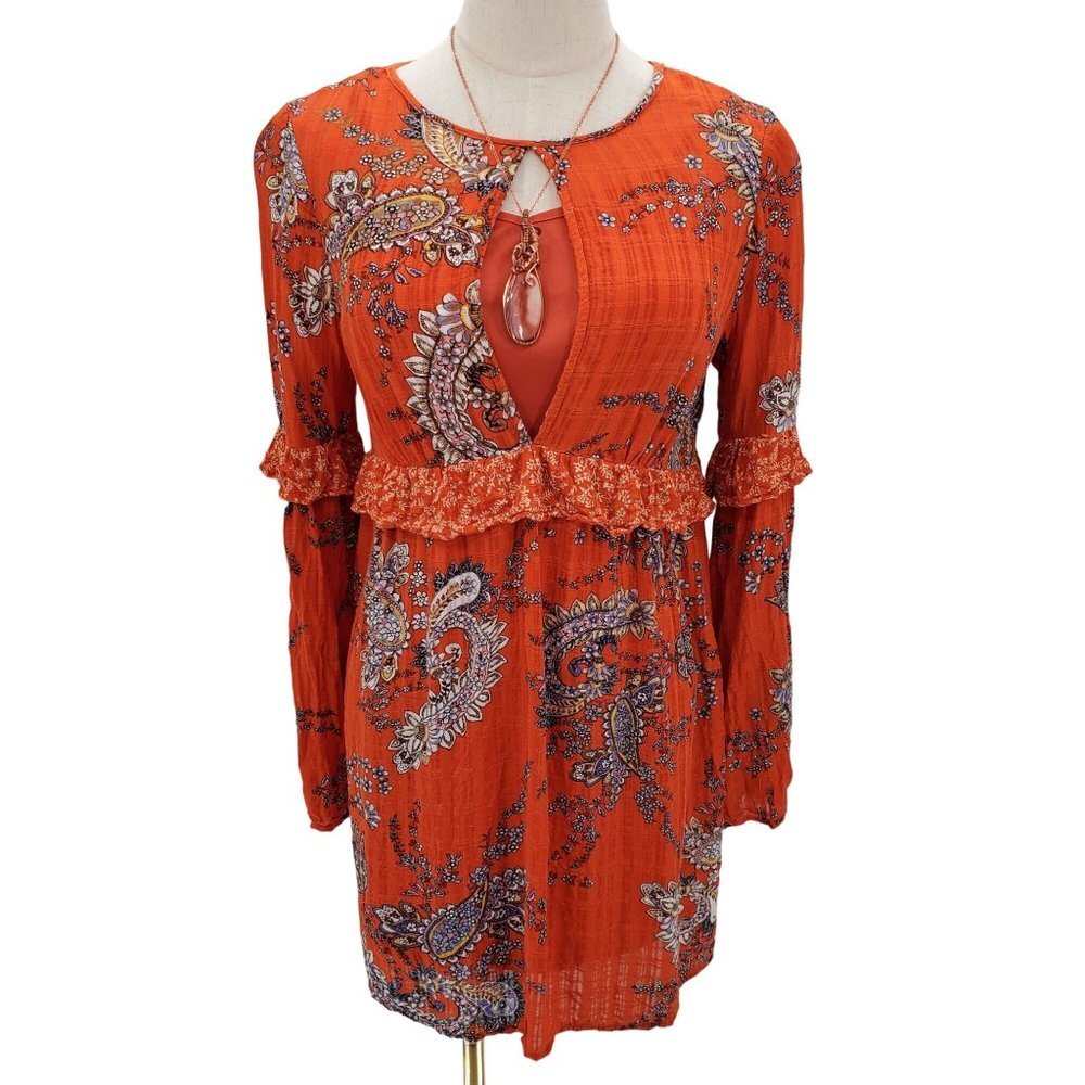 Love Fire Womens Long Sleeve Paisley Print Tunic Top Blouse Sz Small Orange Boho